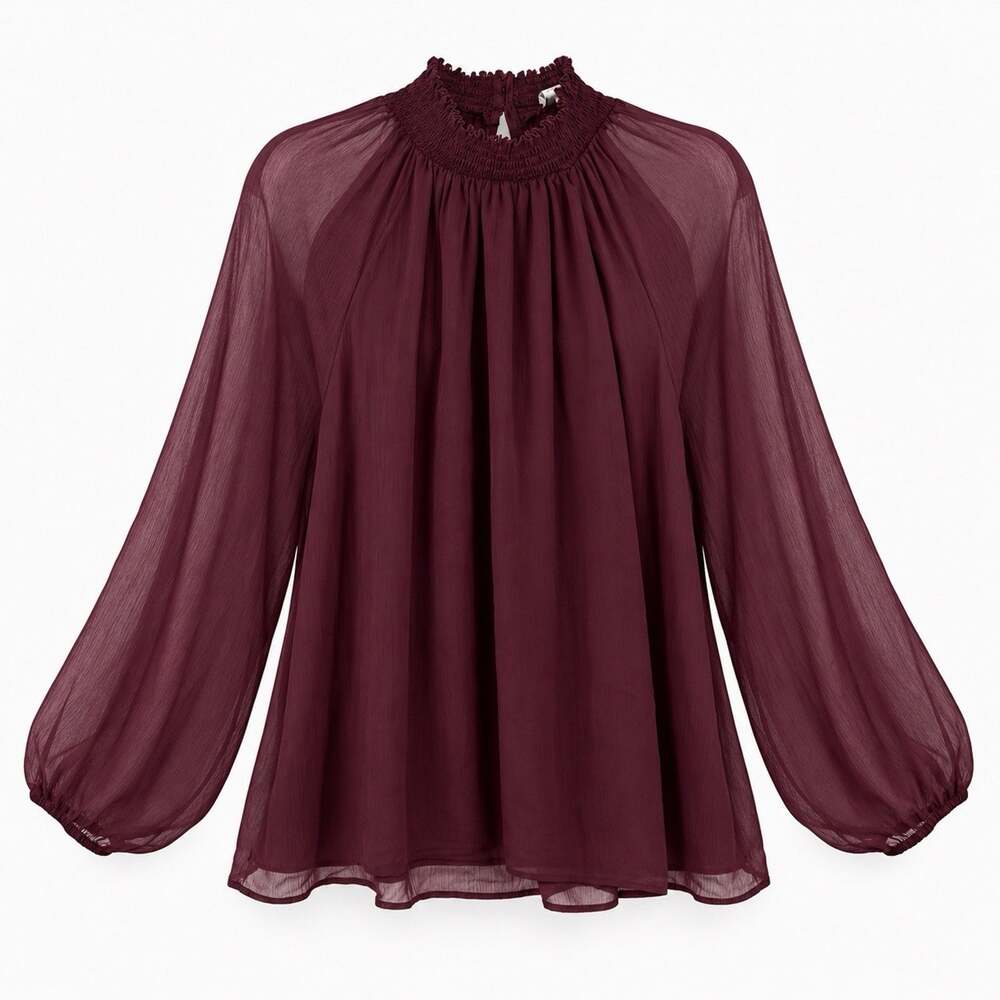 Joie Smocked Neck Blouse size Medium Burgundy Chiffon Sheer Long Sleeve Romantic